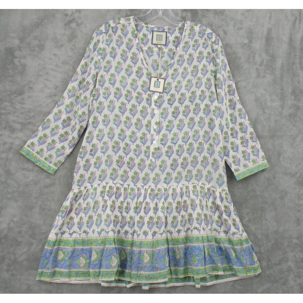 Bell Dress Women Large White Cotton Silk Floral Block Print Tiered V-Neck Mini